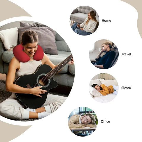 Woman using Morocco Flag Print U Shaped Travel Pillow playing guitar, with images showing use at home, travel, siesta, and office.