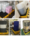 Nestable Oil Drums Tray With Leak Proof Drain And Detachable Anti Slip Platform holding various containers and drums