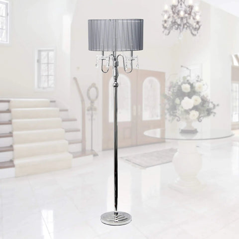 Romantic Cascading Crystal Floor Lamp With Sheer Drum Shade In Chrome Finish, White, Standing in elegant living room.