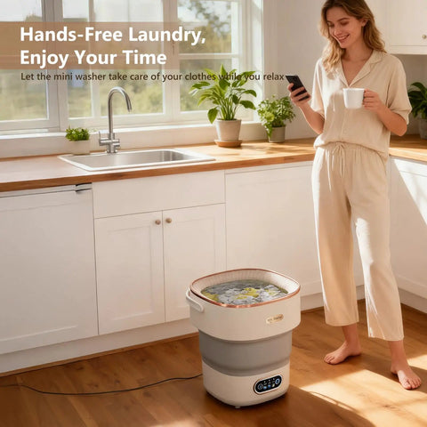 Smooth Operator 20L Mini Portable Washer And Spin Dryer Folding Space Saver, setup in modern kitchen, handles laundry hands-free.