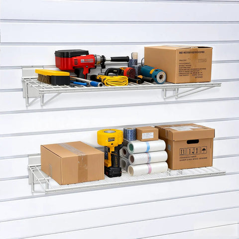 24 Inch Slatwall Shelves Warm White For Garage Organization, Heavy Duty Slat Wall Wire Shelf Set Of 2 with tools and boxes