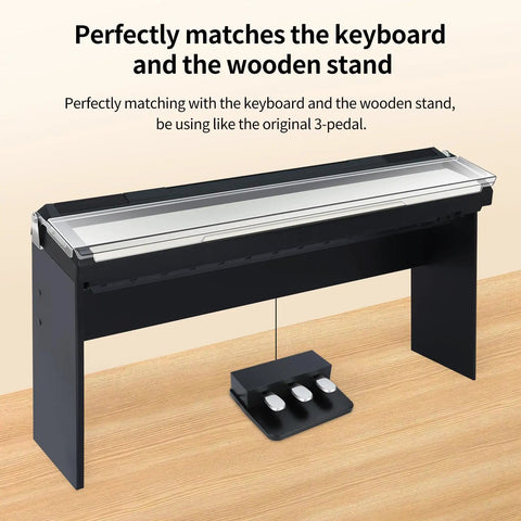 Portable 3 Pedal Unit For Digital Pianos With Soft Sostenuto And Sustain Pedals, Lightweight 3 Pedal Board, Plug And Play, Half Damper, Casio PX Series Compatibility PX110 PX120 PX130 PX310 PX320 PX330 PX575, Black placed under a wooden digital piano setup on a table.