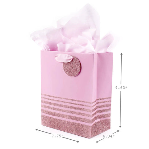 9-Inch Medium Gift Bag With Tissue Paper In Pink Glitter Stripes For Valentines Day Birthdays Baby Showers Bridal Showers Or Any Occasion Durable Gift Bag With Card Holder And Up To Five-Pound Capacity, shown with tissue paper and ribbon handles