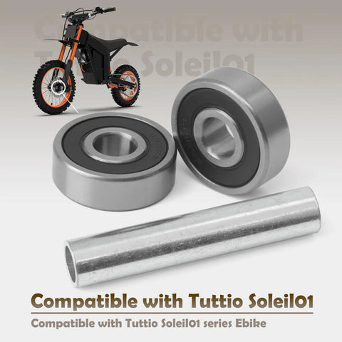6301RS Ebike Wheel Bearing Kit for Tuttio Soleil01 shown with bearings and metal rod in foreground