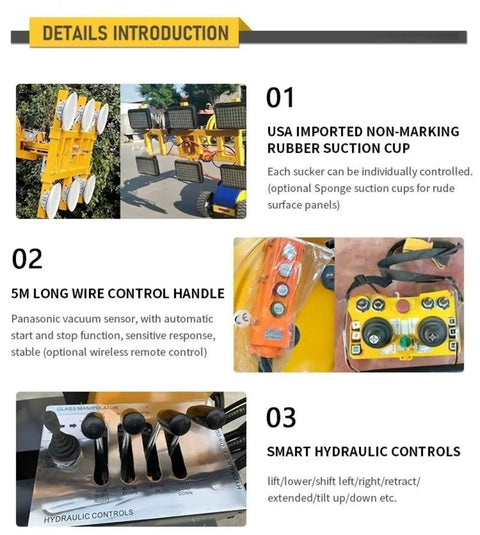 Professional Grade Electric Vacuum Glass Lifter With Rock Solid Suction System For Massive Stone Slabs And Large Window Installations showing control features and suction cups.