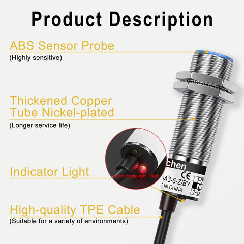 Diagram of M18 Shielded Capacitive Proximity Sensor Switch Shield Type LJC18A3 5 Z BY 5mm Detection Range 10 30V DC with ABS probe, copper tube, and TPE cable.
