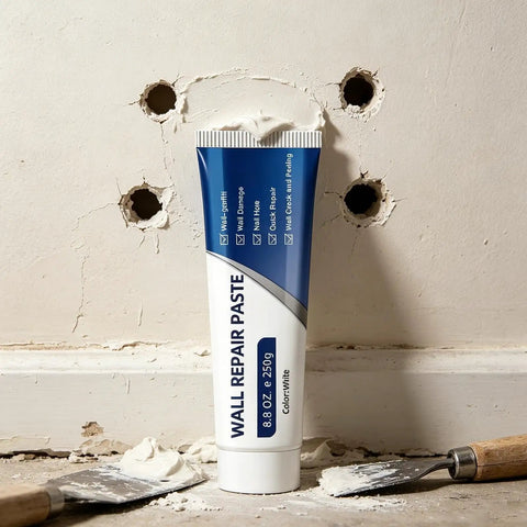 Tube of Hole Filler Wall Repair Paste 260g for Quick Patches on a wall with holes, two putty knives lying nearby.