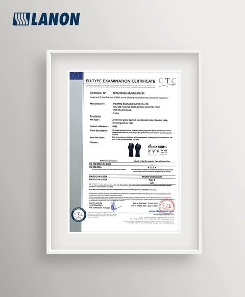 Certificate for Workhorse PVC Chemical Resistant Gloves 6 Pairs showing EU-Type Examination compliance, mounted on wall.