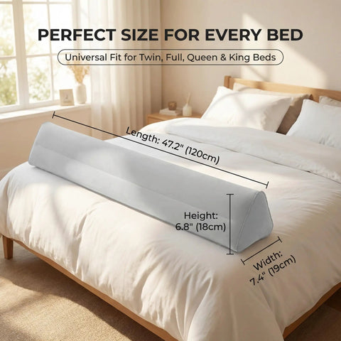 Secure Non Shift Inflatable Bed Rail For Seniors with universal fit on white bed in bedroom, dimensions shown