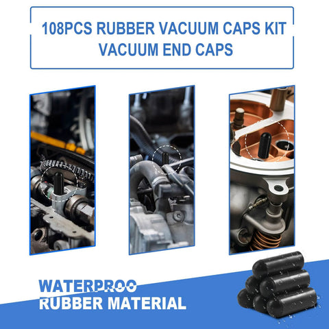 108-piece rubber vacuum caps kit for automotive hoses; assorted sizes 3/16–5/8 in, black rubber, front collage view