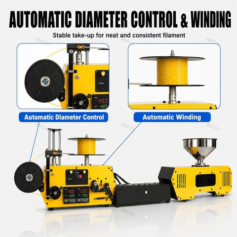 Top Shelf Heavy Duty Desktop 3D Printer Filament Extruder Machine And Recycler Featuring Automatic Coil Winder for automatic diameter control.