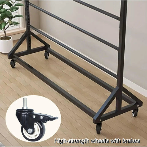 Adjustable Heavy Duty Steel Scarf Rack For Closets Featuring Triple Rod Design Hangs Heavy Blankets Andquilts Black Powder Coated Metal Organizer with durable wheels.