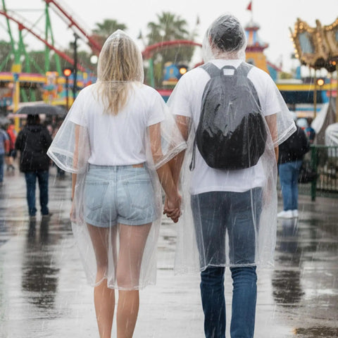 Two adults wearing clear Disposable Rain Ponchos For Adults Ultra Lightweight And Durable Waterproof Lifesaver Rain Gear In Clear Color outside.