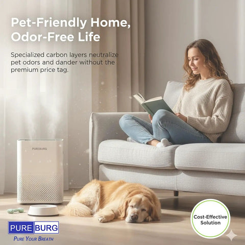 Woman relaxing on couch with dog and air purifier in living room, demonstrating pet odor removal for a fresh, clean home environment.
