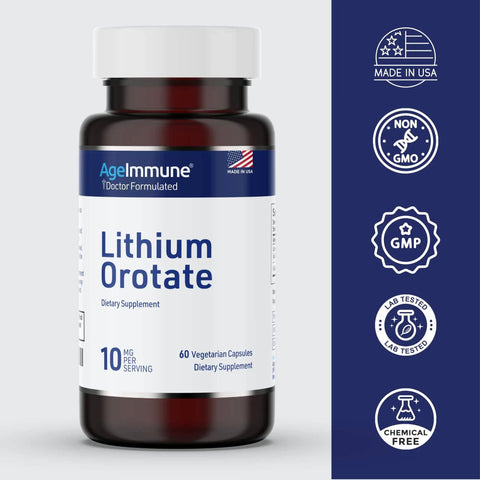 Memory And Mood Boosting Lithium Orotate Supplement 10mg Per Capsule, 60 Vegetarian Capsules, Magnesium Stearate Free