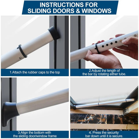 Instructions for using Rock Solid Door Security Bar Heavy Duty Stopper Jammer Adjustable Steel Braced Barricade for windows.