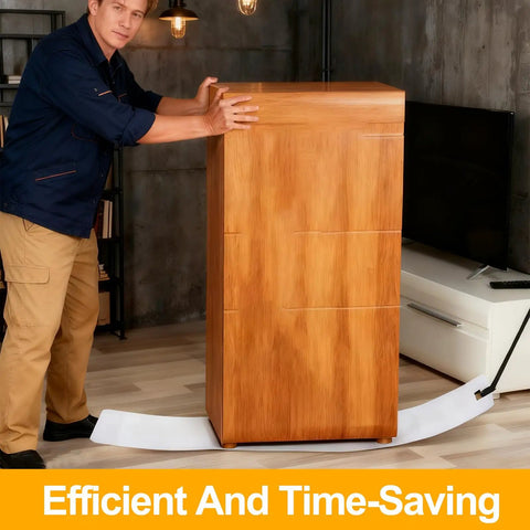 Two Pack Appliance Sliders With Pull Strap for easy moving of heavy furniture, showing glide block under wooden cabinet on tile floor.