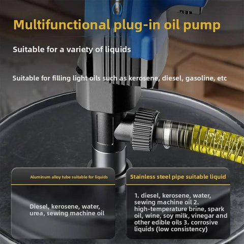 Heavy Duty Electric Drum Pump 2890W with stainless steel construction and hose for diesel, kerosene, and water transfer.