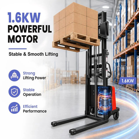 Serious 3300 Lb Warehouse Pallet Stacker With 95 Inch Lift Height, Powerful 1.6KW Motor And Smooth Walkie Operation For Busy Forklift Jobs lifting a loaded pallet in a warehouse.