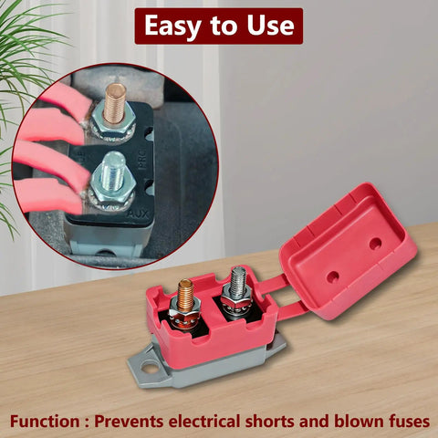 Four Pack Auto Reset Stud Type Circuit Breakers With Cover And Red Vinyl Waterproof Protectors For 12V To 24V DC Boats RVs Motors And Cars 30 Amp Power Protection, open red cover showing internal components.