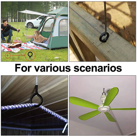 Heavy Duty Screw In Eye Hooks Black Stainless Steel 5 Inch 500 Lbs Load Rating solid loop bolts in various outdoor and indoor setups.