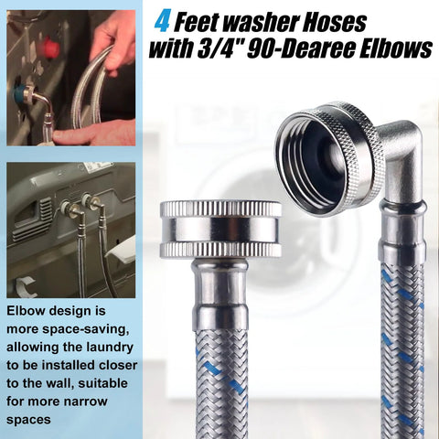 Washer hoses, braided stainless steel, 4 ft length, 3/4 in NPT elbows, 90-degree fittings, 2-pack