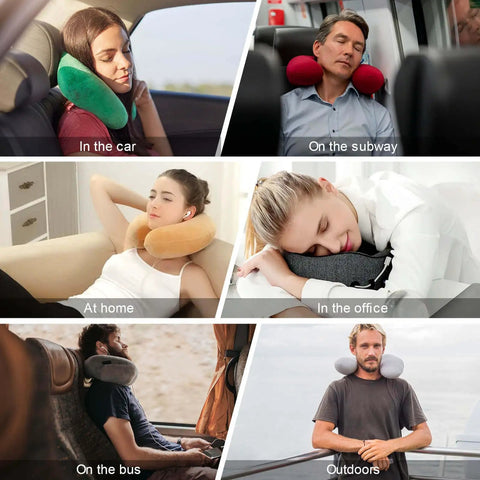 Rock Climbing Inspired Travel Pillow for Neck Support used in various settings including car, subway, home, office, bus, and outdoors