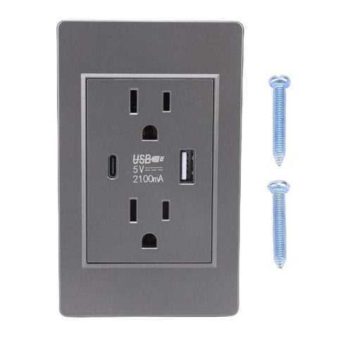 Game On Wall Outlet With Dual Usb And Type C Ports Delivers 15 Amp Fireproof safety, featuring dual ports and screws for installation.