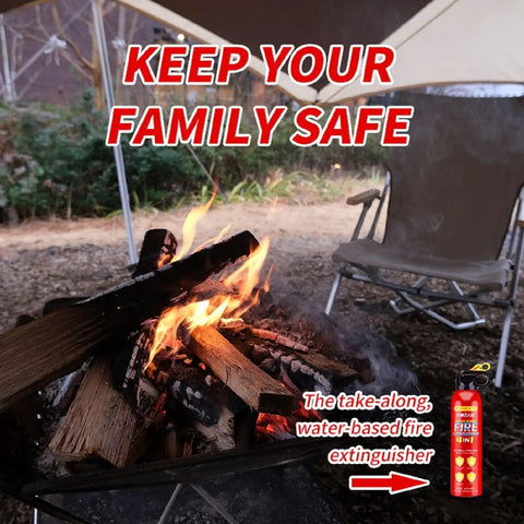 Heavy Duty Water Based Fire Extinguisher Spray next to a campfire, portable safety kit for outdoor use, 620 ml.
