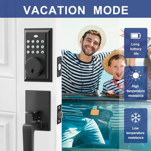 Keyless Front Door Lock Set With Rectangle Keypad Deadbolt And Brushed Nickel Handle For Easy Front Door Entry No More Keys When Your Hands Are Full Smart Lock System Silver Finish next to family on vacation, highlighting long battery and temperature resistance features.