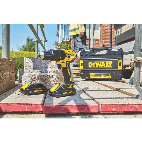 Heavy Duty 18V Cordless Hammer Drill Brushless Motor Kit With Two 3.0 Ah Lithium Ion Batteries And Compact Design on construction site.