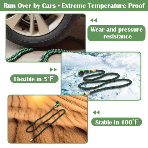 5 Gallon Nursery Pots 20 Pack With 50 Foot Garden Hose And Spray Nozzle Plus 3 In 1 Soil Tester Moisture Light pH All In One Indoor Outdoor Gardening Kit demonstrating hose durability in extreme temperatures and under car tire.