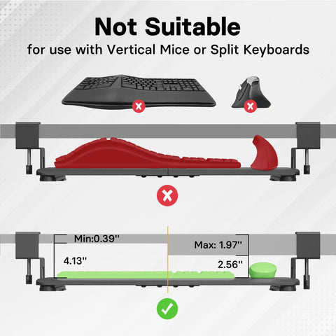 Diagram showing compatibility of under desk keyboard tray with different keyboard and mouse types.
