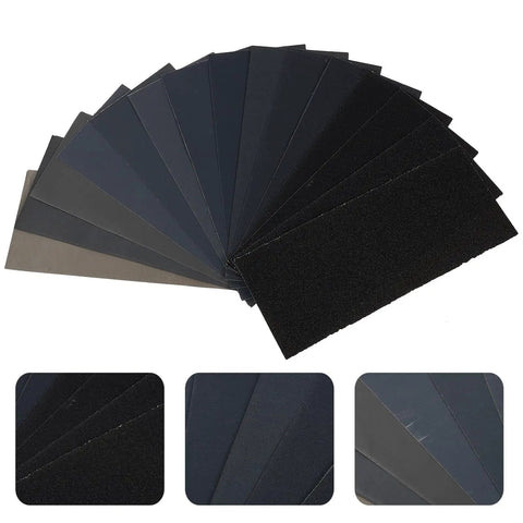 Premium Wet Dry Sandpaper Set With Forty Five High Grit Sheets Ranging From One Hundred Twenty To Five Thousand showing various grit sheets.