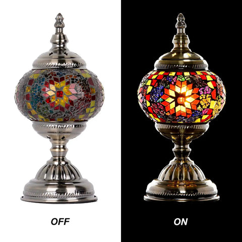 Turkish Mosaic Glass Table Lamp Tiffany Style Handmade With Bronze Base LED Bulb Included Multicolored Globe Lamp On and Off