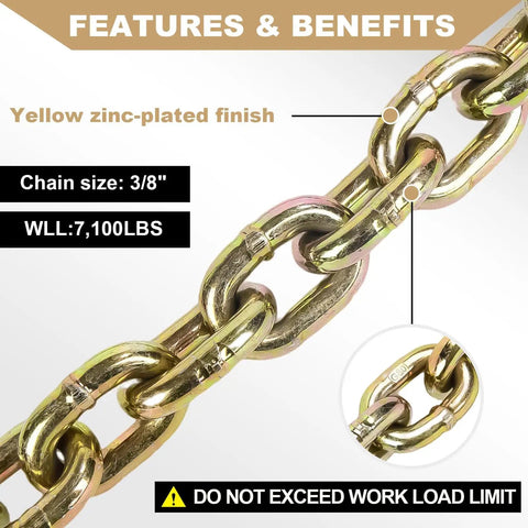 Heavy Duty Chain And Binder Set Three Eighths To One Half Inch G80 Transport Chain Ten Feet Four Pack With Ratchet Load Binders Nine Thousand Two Hundred Lbs WLL For Trucking Trailers And Industrial Agricultural Traction Applications showing 3/8 inch yellow zinc-plated chain section.