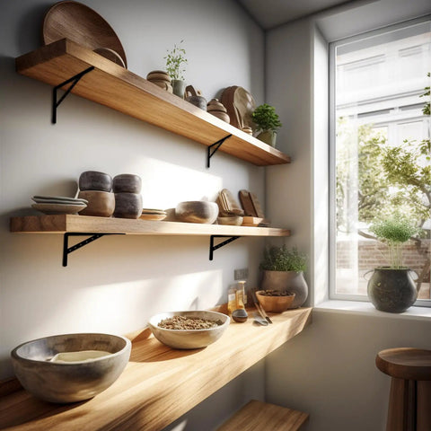 Heavy Duty Stainless Steel Shelf Brackets Rock Solid L Brackets For Wall Mounted Wood Shelves supporting wooden shelves in a kitchen.
