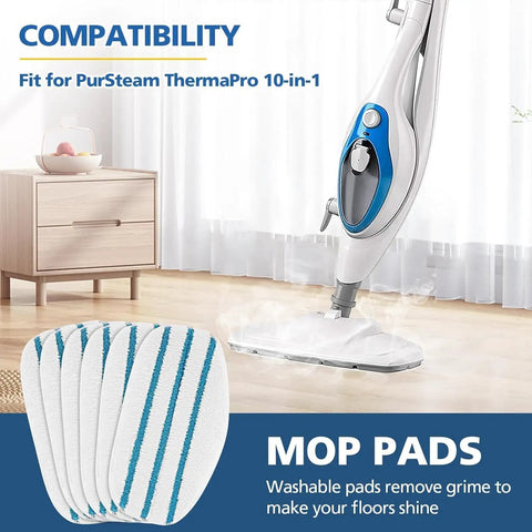 Six Pack Replacement Steam Mop Pads For ThermaPro 10 In 1 Steam Mop Velcro Design displayed with mop in room