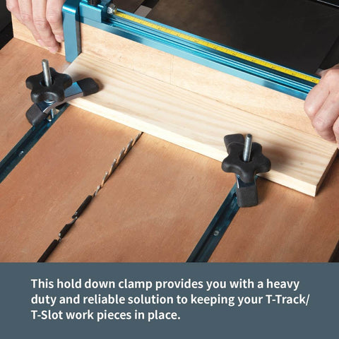 T Track Knob Kit With Mini Hold Down Clamps For Woodworking Jigs And Fixtures installed on wooden workpiece, showing clamps and knobs.