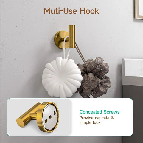 Brushed Gold 4 Piece Bathroom Hardware Set For Modern Walls, 26 Inch Total Length With 24 Inch Towel Bar, Wall Mounted SUS304 Stainless Steel, Muti-use hook holding sponges