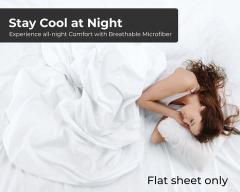 Super Soft Double Brushed Microfiber Full Flat Sheet Only Wrinkle Free Stain Resistant Hotel Quality Top Sheet For Your Full Size Bed In White Super Cozy Breathable 81 By 96 Inches shown on a bed with a woman sleeping.