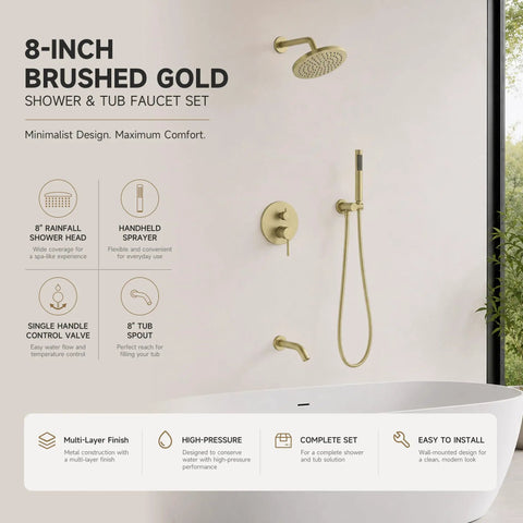 Totally Fire Premium All Metal Shower Faucet Set With Warm Gold Tone Eight Inch Rain Showerhead Curved Tub Spout Rust Proof Bathroom Hardware Upgrade, featuring 8-inch rainfall head and tub spout.