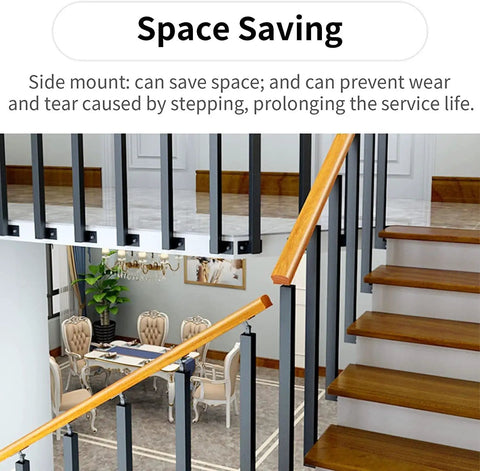 Rock Solid 25 Pack Stair Spindles Side Mount Deck Railing Posts with wooden railing in a modern home staircase setting.