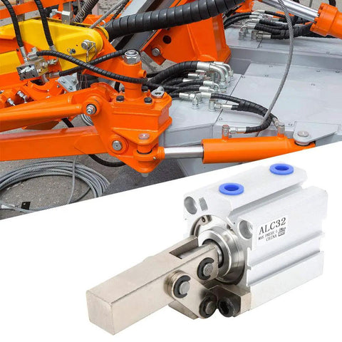 Double Acting Aluminum Pneumatic Cylinder with Clamp Arm 32mm Bore 20mm Stroke shown in industrial setting.