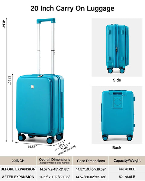Front view of Hanke 20-inch expandable hard-shell luggage in Caribbean Blue with wheels and telescoping handle.