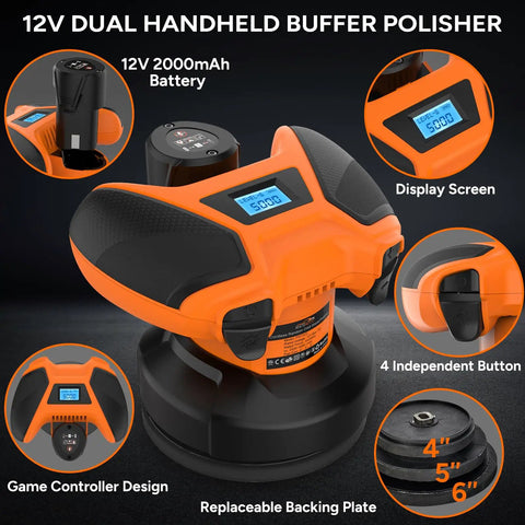 Cordless Car Polisher Kit With 12V 2000mAh Battery Dual Handle Buffer for Car Detailing, polishing pads, LED display