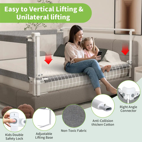 One Piece Adjustable Height Toddler Bed Rail Fits Twin Full Queen King Beds With One 74.8 Inch Side Easy Install shown on bed