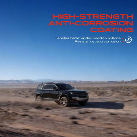 High-strength anti-corrosion coating on a black SUV driving through desert terrain under clear blue skies.