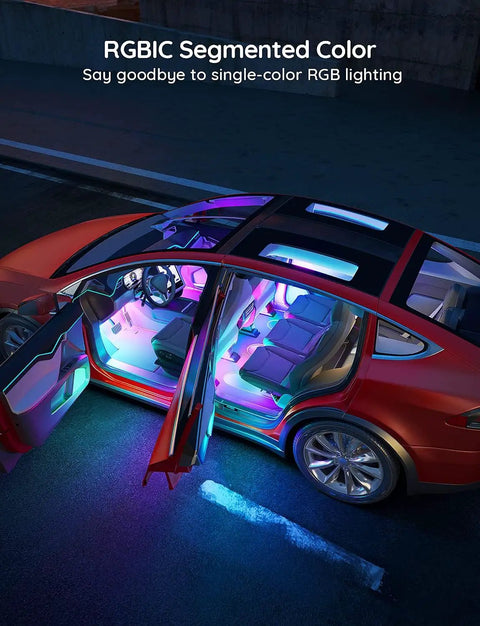 Car interior with RGBIC LED strip lights showing 16 million colors in two line design for custom car decor and mood lighting.