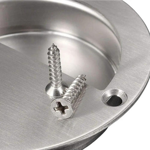 Built Tough 2 Pack Round Recessed Concealed Flush Pull Handles For Sliding Doors And Cabinets Grade 304 Stainless Steel screws detail.